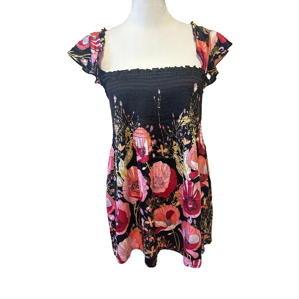 Guess Y2K Square Neck Smocked Babydoll Top Size M Silk Fairy Whimsigoth‎ Floral